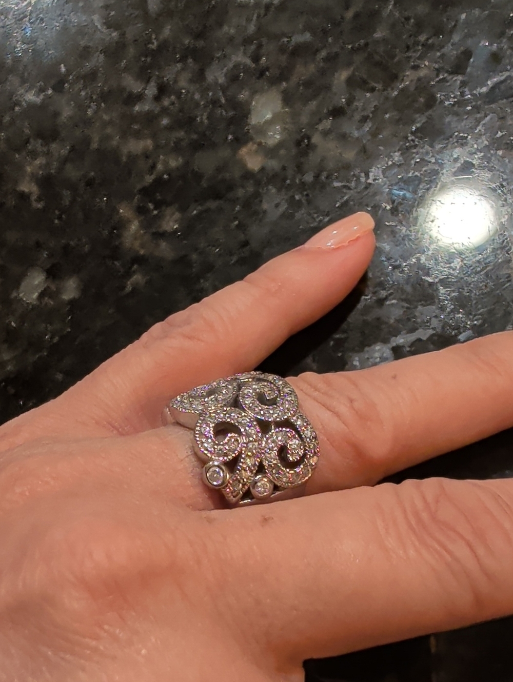 Silver-Tone Filigree Crystal Statement Ring - Women's Jewelry SZ 6